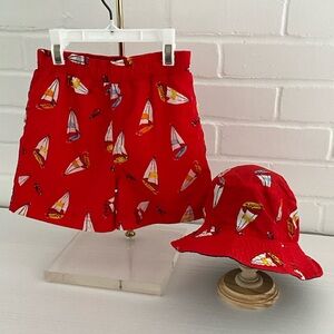 Talbots Boys Red Sailboat Theme Swim Shorts And Sunhat Set Size 24 Months